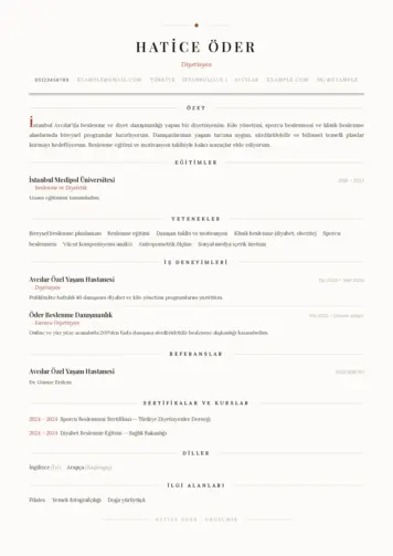 Beslenme Uzmanı Diyetisyen CV Örnekleri cv indir